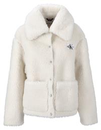Sherpa Γυναικείο Λευκό Παλτό με Κουμπιά Calvin Klein