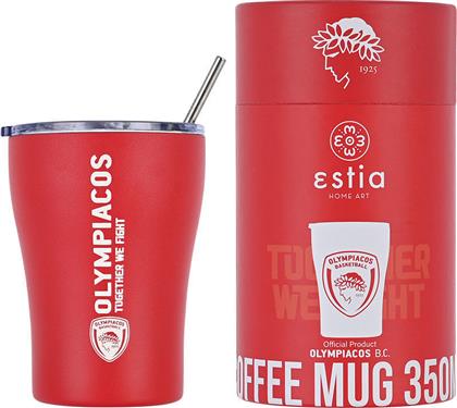 Estia Coffee Mug Olympiacos B.C. Ποτήρι Θερμός με Καλαμάκι Κόκκινο 350ml