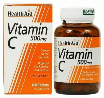 Vitamin C Rosehip & Acerola 500mg 100tabs Βιταμίνη 500mg Πορτοκάλι 100 μασώμενες ταμπλέτες Health Aid