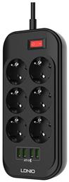 SE6403 Πολύπριζο Ασφαλείας 6 Θέσεων με 4 USB-A, Διακόπτη και Καλώδιο 2m Ldnio