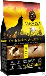 Ambrosia Turkey & Fresh Salmon Mini Adults 2kg Ξηρά Τροφή χωρίς Σιτηρά για Ενήλικους Σκύλους Μικρόσωμων Φυλών με Γαλοπούλα και Σολομό από το Plus4u
