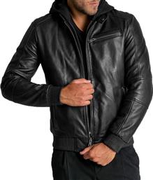 Ανδρικό Μαύρο Black Hooded Leather Jacket ARMA από το Hionidis