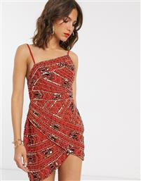 ASOS DESIGN asymmetric aztec embellished mini dress with wrap skirt-Red από το Asos