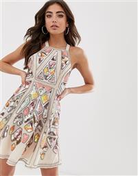 ASOS DESIGN aztec embellished mini skater dress-Pink από το Asos