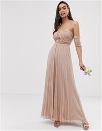 ASOS DESIGN Bridesmaid bardot ruched pleated maxi dress-Beige από το Asos