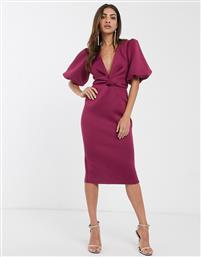 ASOS DESIGN bubble sleeve twist detail midi pencil dress in raspberry-Pink από το Asos