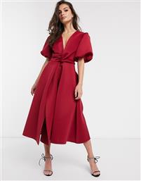 ASOS DESIGN bubble sleeve twist detail midi prom dress in deep red από το Asos