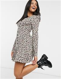 ASOS DESIGN button through long sleeve tea dress with frill hem in mauve floral-Purple από το Asos