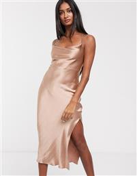 ASOS DESIGN cami midi slip dress in high shine satin with lace up back-Pink από το Asos