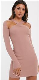 ASOS DESIGN cross neck knitted mini dress-Brown από το Asos