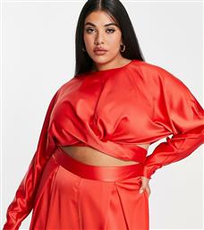 ASOS DESIGN Curve co-ord tie wrap front top with long sleeves-Red από το Asos