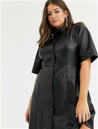 ASOS DESIGN Curve leather look mini button through shirt dress in black από το Asos