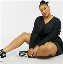 ASOS DESIGN Curve neppy mini wrap mini dress with long sleeves in black από το Asos