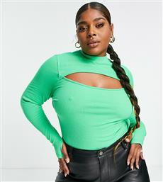 ASOS DESIGN Curve split front long sleeve top with high neck in green rib από το Asos