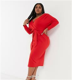 ASOS DESIGN Curve structured fallen shoulder midi dress with self tie waist in red από το Asos