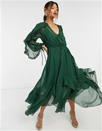 ASOS DESIGN drape ruffle midi dress with lace insert and tassle detail in green-Black από το Asos