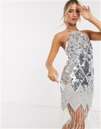 ASOS DESIGN embellished halter midi dress with pearl fringe in silver από το Asos