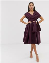 ASOS DESIGN fallen shoulder midi prom dress with tie detail in aubergine-Purple από το Asos