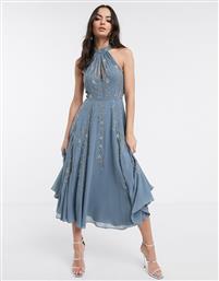 ASOS DESIGN halter midi skater dress in embellishment with godets in Blue από το Asos