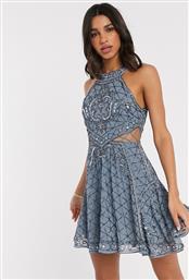ASOS DESIGN high neck mini dress with cut outs and godets in embellishment-Blue από το Asos