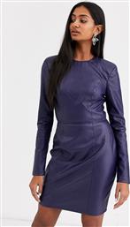 ASOS DESIGN leather look long sleeve mini dress-Navy από το Asos