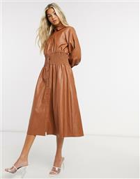 ASOS DESIGN leather look midi shirt dress with shirred waist in brown από το Asos