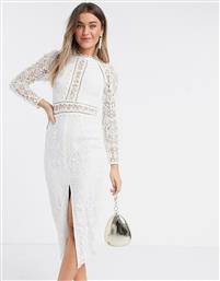 ASOS DESIGN long sleeve pencil dress in lace with geo lace trims-Green από το Asos