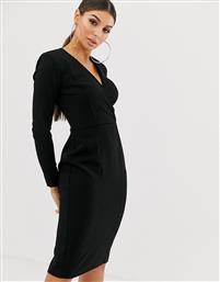 ASOS DESIGN long sleeve plunge wrap midi dress-Black από το Asos