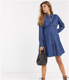 ASOS DESIGN Maternity exclusive denim shirt dress with ruching detail in midwash blue από το Asos