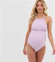 ASOS DESIGN maternity twist front high neck rib swimsuit in lilac-Purple από το Asos