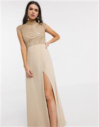 ASOS DESIGN maxi linear embellished bodice dress with high neck and wrap skirt in Beige-Multi από το Asos
