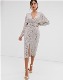 ASOS DESIGN midi dress with batwing sleeve and wrap waist in scatter sequin-Gold από το Asos