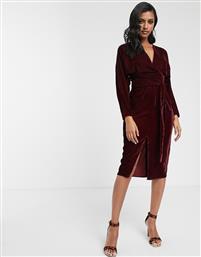 ASOS DESIGN midi dress with batwing sleeve and wrap waist in velvet-Red από το Asos