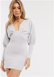 ASOS DESIGN minimal v wire long blouson sleeve mini dress-Silver από το Asos