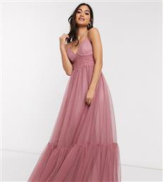 ASOS DESIGN Petite exclusive cami spot tulle mesh pep hem maxi dress in rose-Green από το Asos