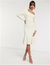 ASOS DESIGN rib high neck long sleeve cut away midi dress in sand-Cream από το Asos