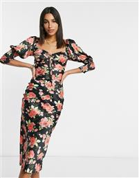 ASOS DESIGN satin bias midi tea dress with shirred cuffs in rose floral print-Multi από το Asos