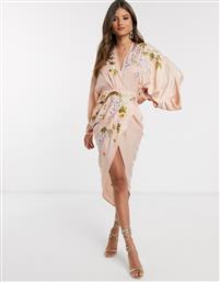 ASOS DESIGN satin kimono sleeve with floral embroidered midi dress-Pink από το Asos