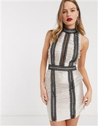 ASOS DESIGN satin ruched mini dress with lace and chain trim-Grey από το Asos