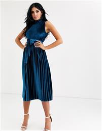ASOS DESIGN sleeveless high neck pleated open back velvet midi dress-Blue από το Asos