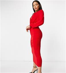 ASOS DESIGN Tall blouson tie long sleeve midi dress with side ruching in red από το Asos