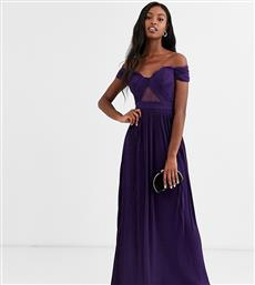 ASOS DESIGN Tall lace and pleat bardot maxi dress-Purple από το Asos