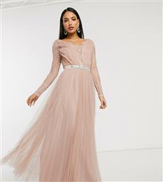 ASOS DESIGN Tall lace sleeve embellished waist trim detail tulle maxi dress in dusty pink από το Asos