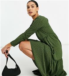 ASOS DESIGN Tall long sleeve tiered smock midi dress in khaki spot-Multi από το Asos