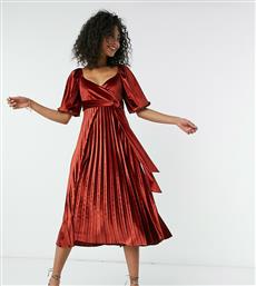 ASOS DESIGN Tall puff sleeve velvet wrap pleat midi dress in rust-Brown από το Asos