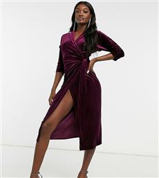 ASOS DESIGN Tall velvet wrap midi dress in berry-Red από το Asos