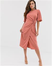 ASOS DESIGN twist front midi dress with angel sleeve in terracotta-Pink από το Asos