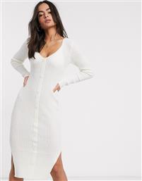 ASOS DESIGN v neck button through knit maxi dress in natural look yarn-Cream από το Asos