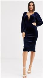 ASOS DESIGN velvet balloon sleeve plunge wired bodycon midi dress-Navy από το Asos