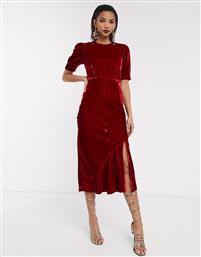 ASOS DESIGN velvet bias midi dress with puff sleeves-Red από το Asos
